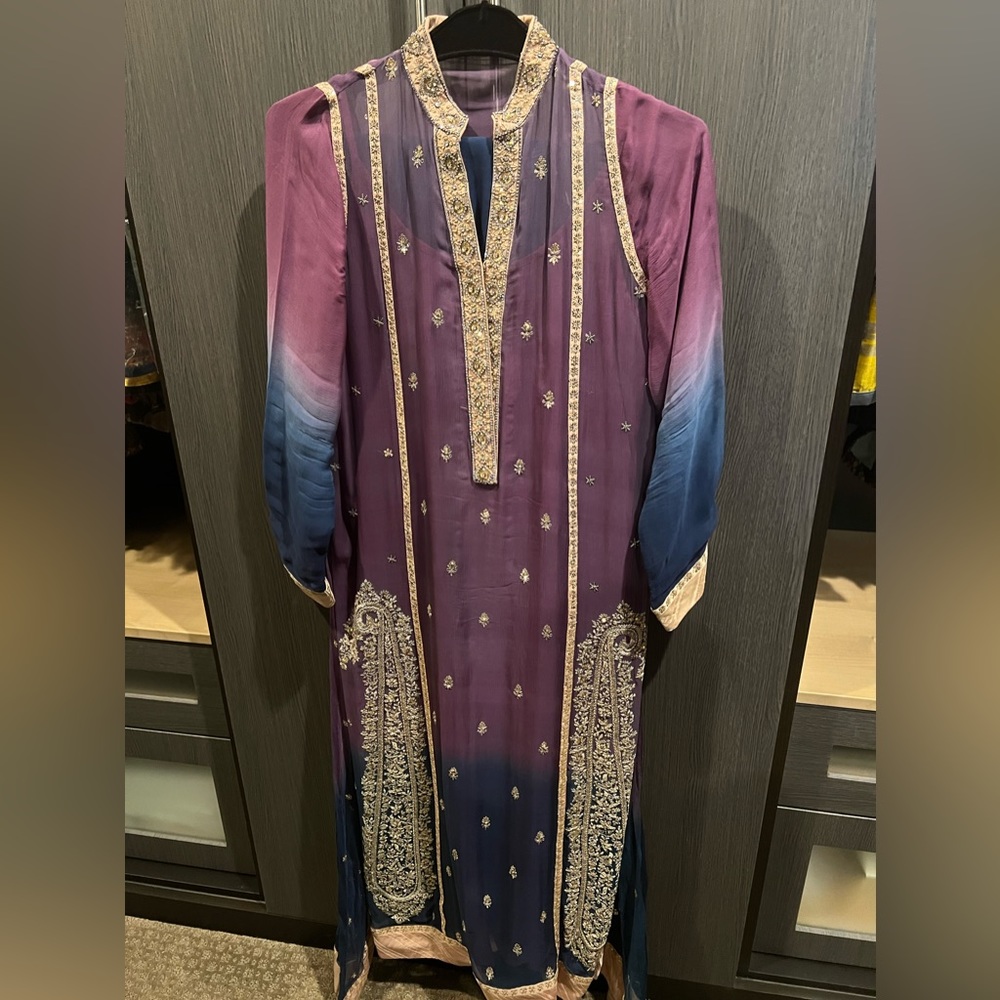 Embroidered Long Sleeve Dress in Purple and Blue